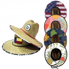Logo Printed Lifeguard Straw Hat With Patch And Full Color Underbrim Imprint