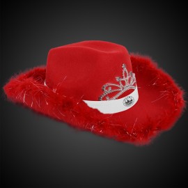 Custom Red Light Up Cowboy Hat w/ Tiara and Feather(White Imprinted Band)  Custom Red Light Up Cowboy Hat w/ Tiara and Feather(White Imprinted Band)