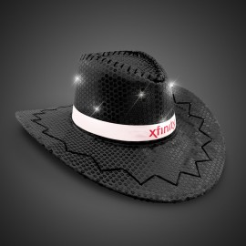 Customized Black Sequin LED Cowboy Hat w/Silk Screened White Band