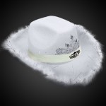 Branded White Light Up Cowboy Hat w/ Tiara and Feather(White Imprinted Band)