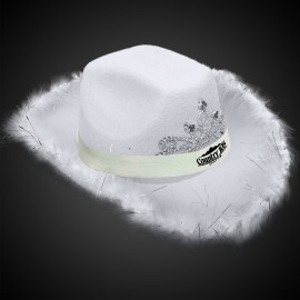 Personalized White Light Up Cowboy Hat w/ Tiara and Feather(White Imprinted Band)  Personalized White Light Up Cowboy Hat w/ Tiara and Feather(White Imprinted Band)