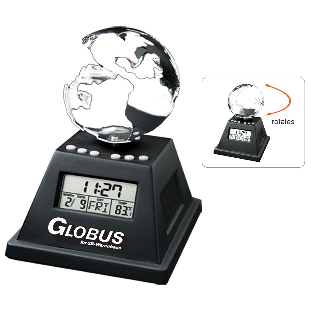 Solar Powered Moving Globe w/Alarm Clock Logo Printed Solar Powered Moving Globe w/Alarm Clock Logo Printed