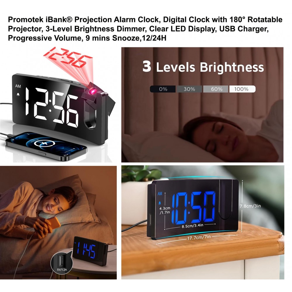 Promotek iBank Projection Alarm Clock, Digital Clock with 180 Rotatable Projector Logo Printed