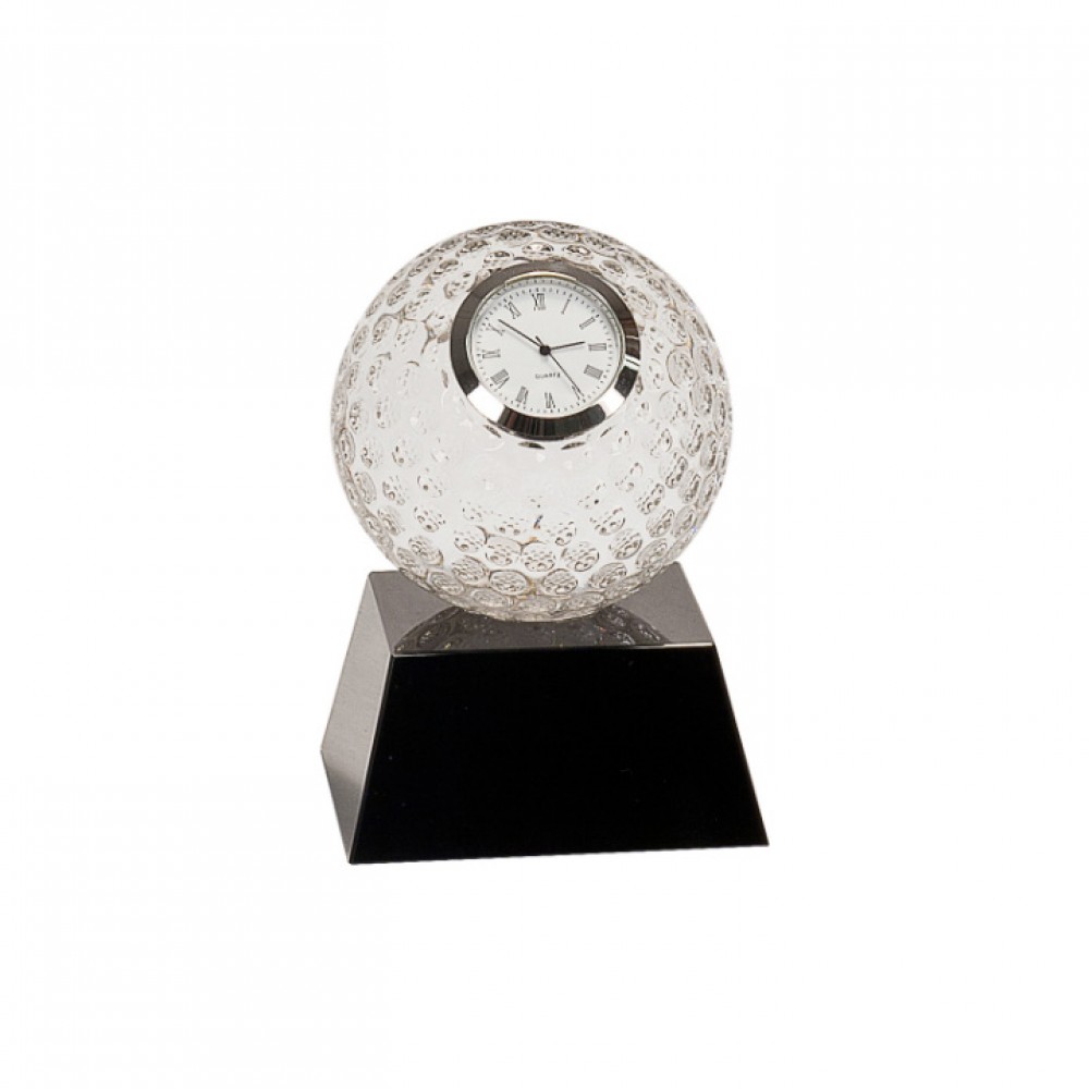Custom Etched 5" Crystal Golf Ball Clock with Black Base