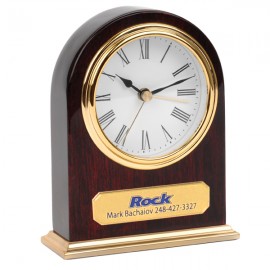 Custom Etched Classic Arched Top Piano Wood Finish Wooden Desk Alarm Clock with Gold Metal Base