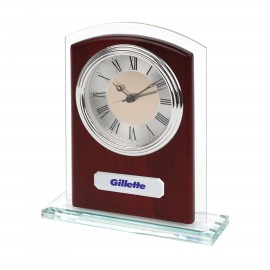 Logo Imprinted Glass & Wood Desk Alarm Clock w/ Silver Trim