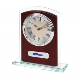 Logo Imprinted Glass & Wood Desk Alarm Clock w/ Silver Trim  Logo Imprinted Glass & Wood Desk Alarm Clock w/ Silver Trim
