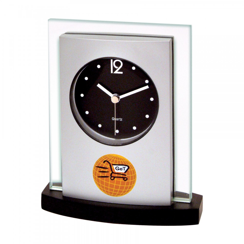 Clock - Desk Top Glass/Wood Clock w/Black Dial Custom Etched