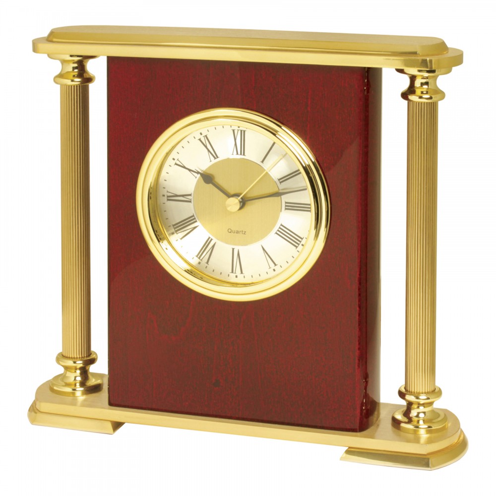 Piano Wood Finish Wood Desk Alarm Clock w/Brass Pillars Logo Imprinted