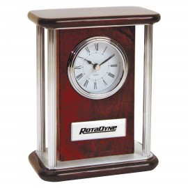 Laser-etched Piano Wood Clock w/Silver Pillars  Laser-etched Piano Wood Clock w/Silver Pillars