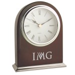 Classic Arched Top Piano Wood Finish Wooden Desk Alarm Clock w/Silver Metal Base Laser-etched