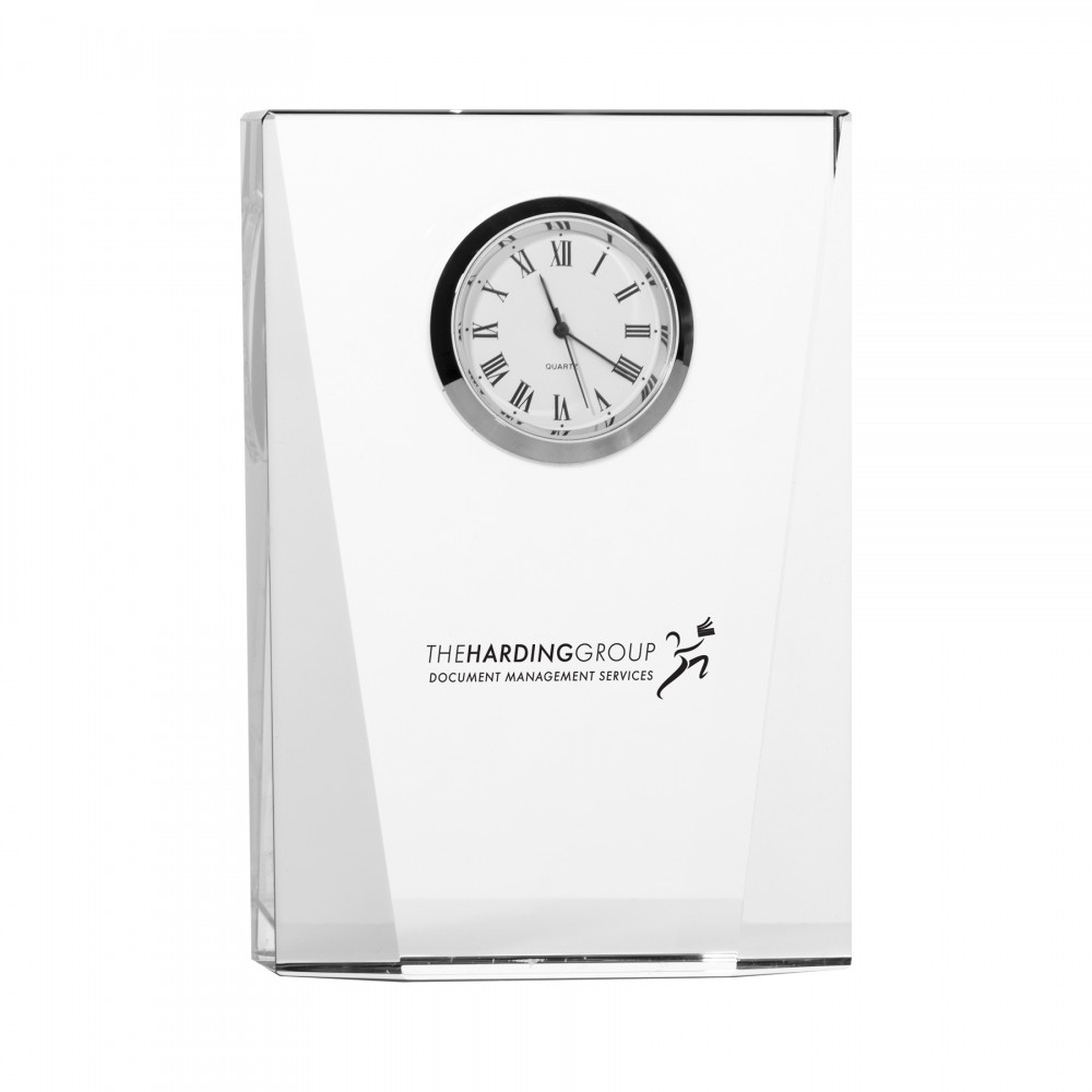 Laser-etched Compact & Elegant Wedge Crystal Desk Clock with presentation box