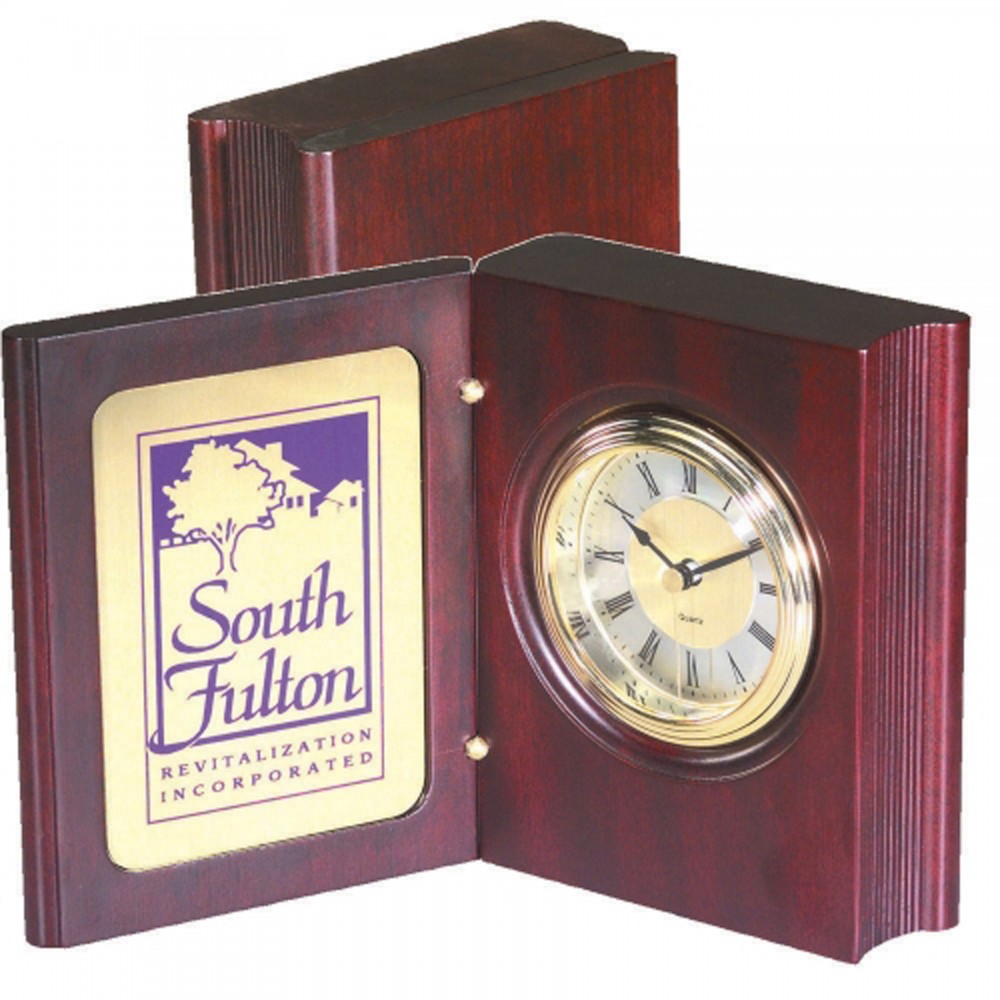 Book shape Wooden Desk Clock with 3 1/4" x 4 1/2" brass plate for logo and personalization Logo Imprinted