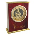 Skeleton Movement Piano Wood Finish Mantel Desk Clock With Brushed Metal Top & Bottom Logo Imprinted