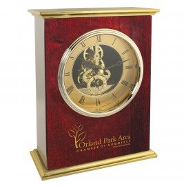 Skeleton Movement Piano Wood Finish Mantel Desk Clock With Brushed Metal Top & Bottom Logo Imprinted  Skeleton Movement Piano Wood Finish Mantel Desk Clock With Brushed Metal Top & Bottom Logo Imprinted