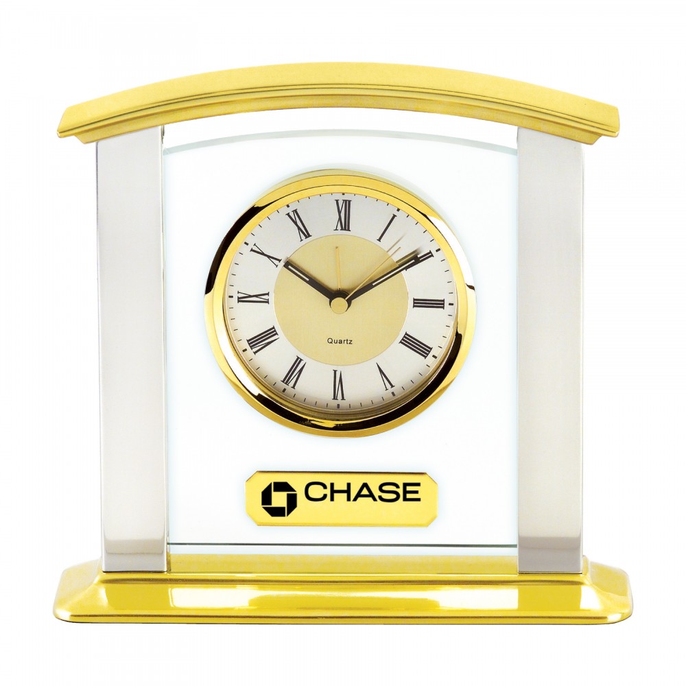 Heavy Glass & Brass Mantel Desk Alarm Clock w/Silver Columns Custom Etched