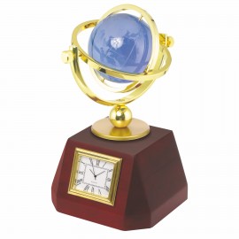 Wooden desk clock features a Blue Optical Crystal World Globe encased in a 3-axis gimbals Logo Imprinted