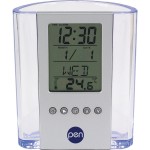 Branded Clear Pen Cup w/ Digital Alarm Clock & Thermometer