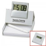 Metal LCD Alarm Clock with Pen/ Business Card & Memo Holder Custom Imprinted