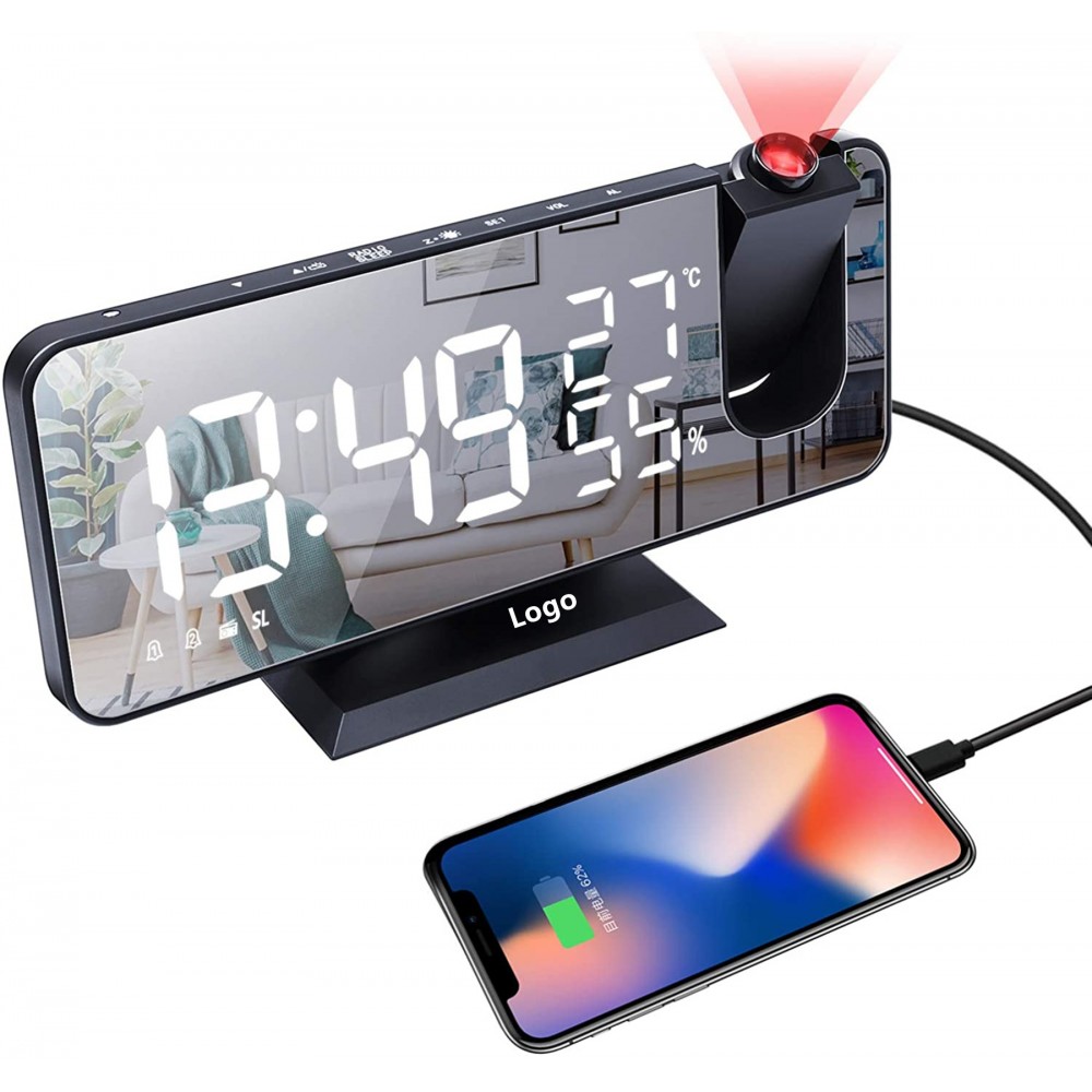 Projection Alarm Clock for Bedroom Ceiling Digital Alarm Clock Radio with USB Charger Ports Logo Printed