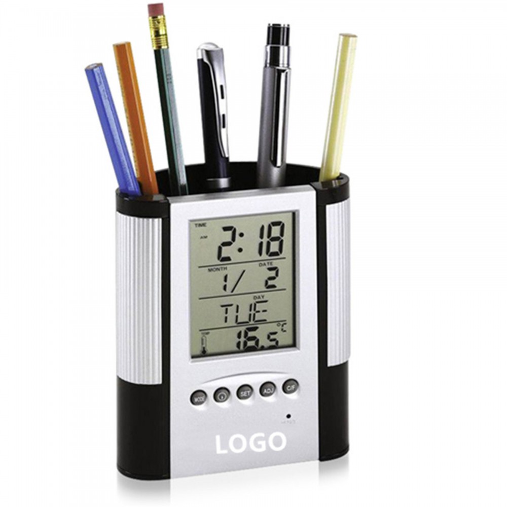 Pen Holder With Digital Clock Custom Imprinted