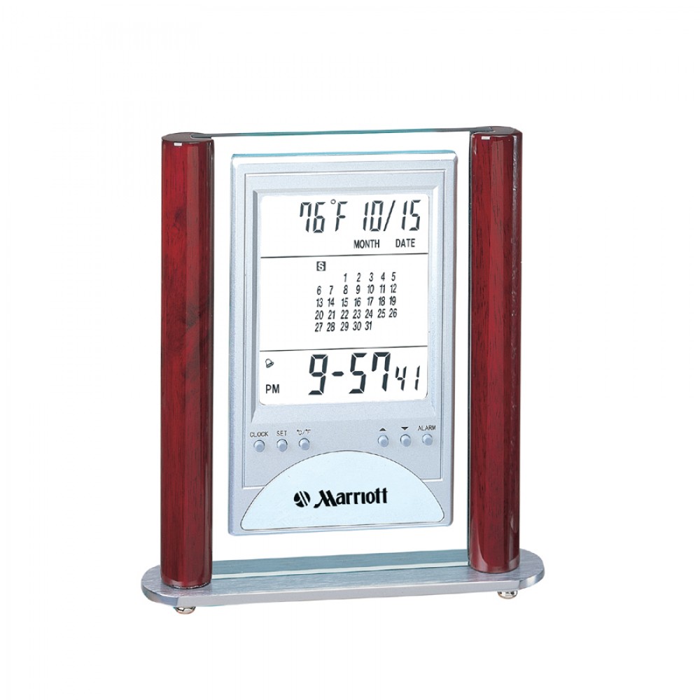 Branded Digital Desktop Alarm Clock w/ 2 Burgundy Side Bars (Monthly Calendar) Branded Digital Desktop Alarm Clock w/ 2 Burgundy Side Bars (Monthly Calendar)