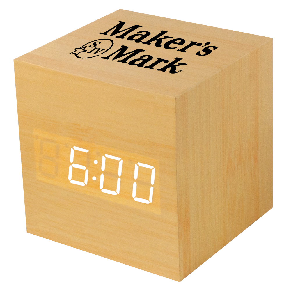 Wooden Square Alarm Clock w/Sound Triggered Display Logo Printed Wooden Square Alarm Clock w/Sound Triggered Display Logo Printed