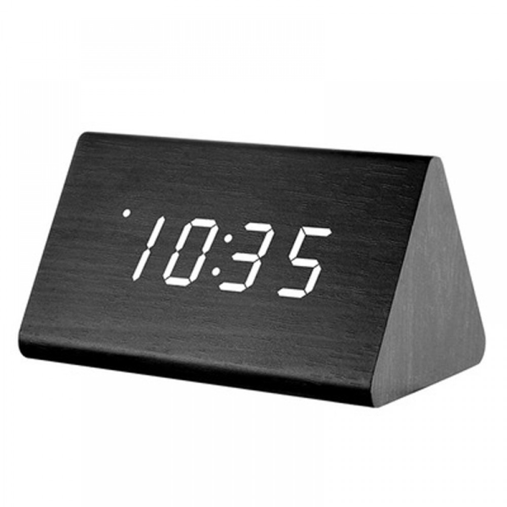 Custom Imprinted New Design Triangle Shape Wooden LED Display Alarm Clock
