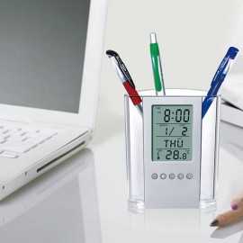 Branded Multi-Function Desk Caddy Clock w/Pen Cup