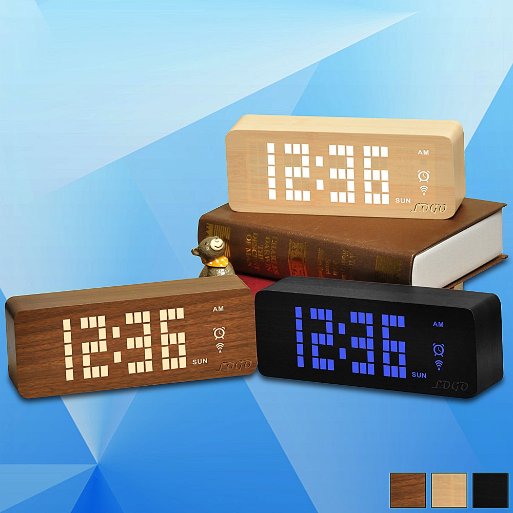 Wooden Digital Desk Clock w/ Temperature Branded
