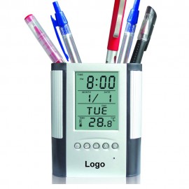 Logo Printed Multi-Function Pen Pencil Holder W/ Clock
