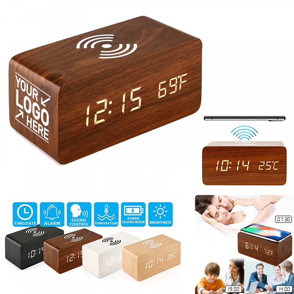 Wooden Alarm Clock with Wireless Charging Pad Logo Printed