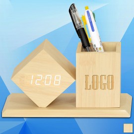 Wooden Digital Desk Clock w/ Pen Holder Logo Printed  Wooden Digital Desk Clock w/ Pen Holder Logo Printed