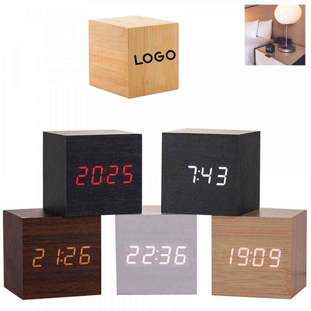 Wooden LED Display Cube Alarm Clock Logo Printed