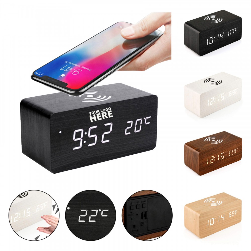 Logo Printed Wooden Wireless Charging Alarm Clock with Bluetooth Speaker