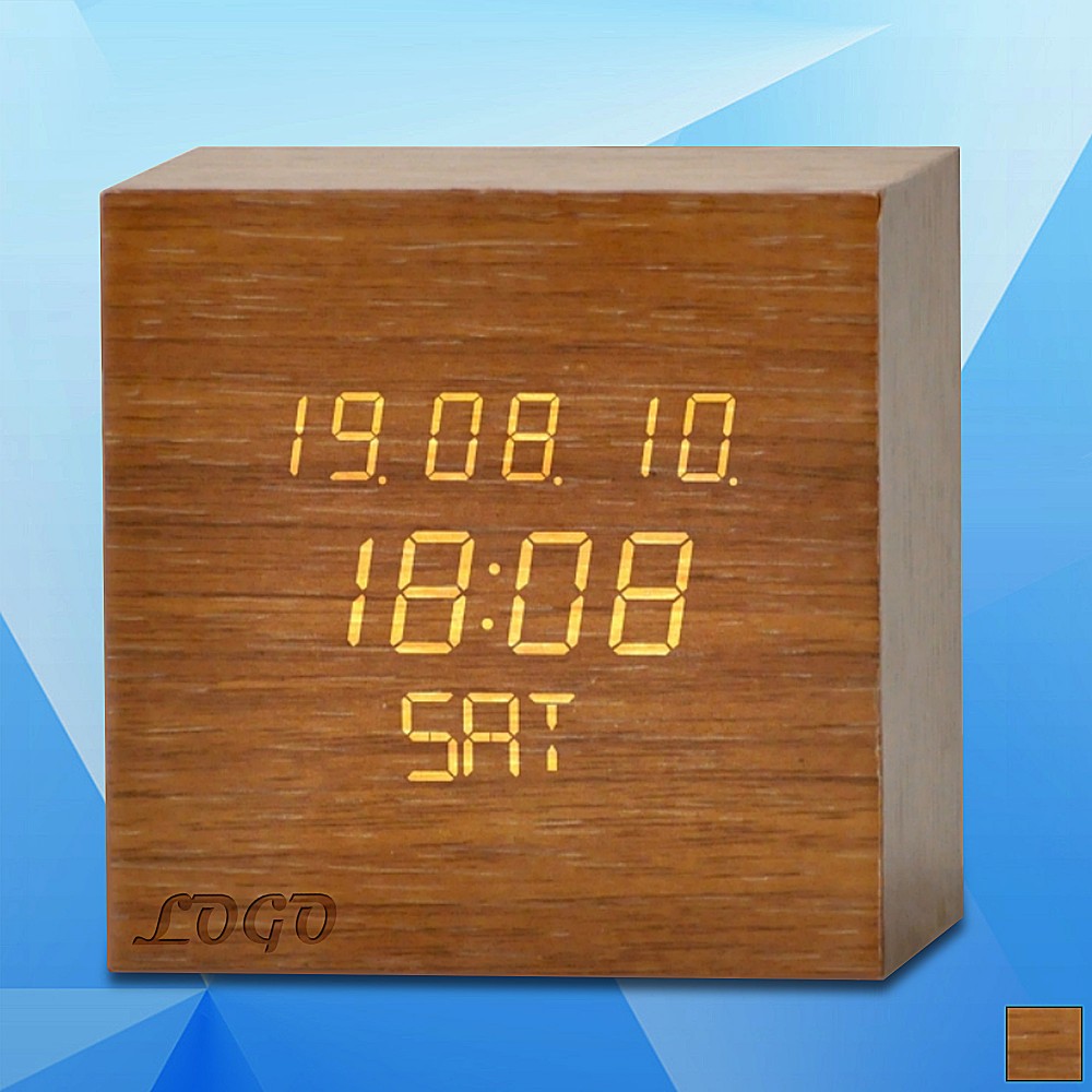 Wooden Adjustable Brightness Digital Clock w/ Calendar Custom Imprinted