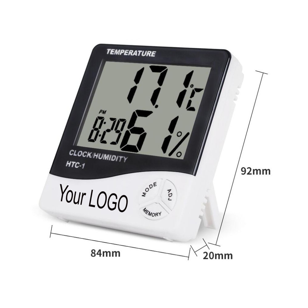 Logo Printed Indoor Digital C/F Thermometer Hygrometer Temperature Humidity Meter Clock