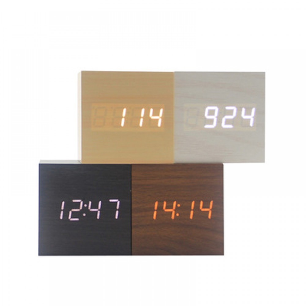 Logo Printed New Design Wooden LED Display Cube Alarm Clock