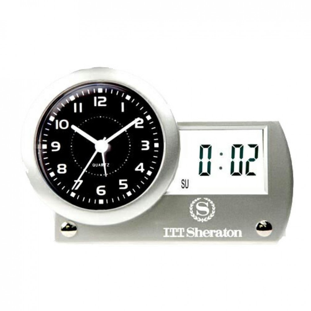 Analog Digital Quartz Alarm Clock w/ Horizontal LCD Day & Date Readout Custom Imprinted