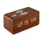 Branded Digital Wooden Alarm Clock with Wireless Charging Station LED Clocks for Bedroom, Bedside