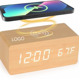 Logo Printed Wooden Digital Wireless Charging Alarm Clock  Logo Printed Wooden Digital Wireless Charging Alarm Clock