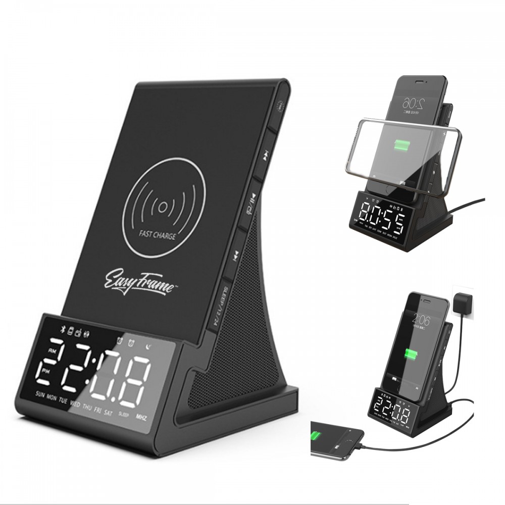 LED Alarm with Wireless Charging Radio Speaker Custom Imprinted
