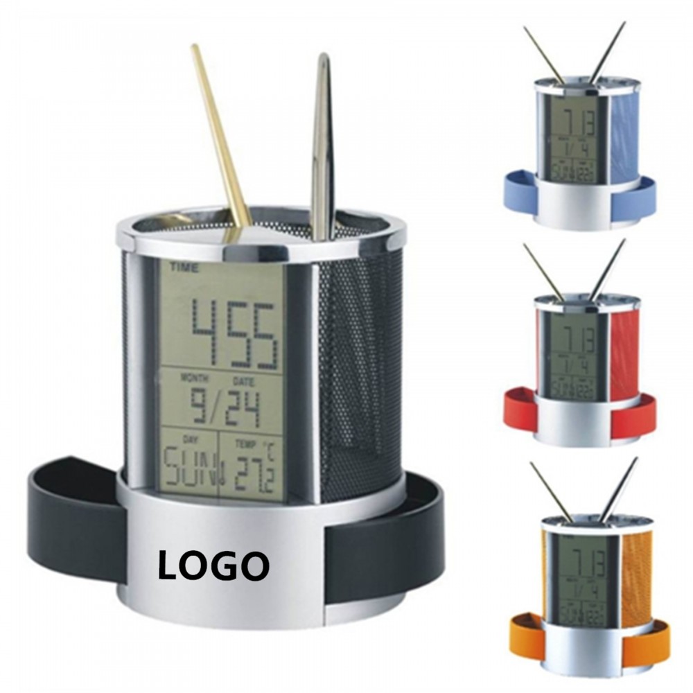Multi functional Pen Holder With Digital Clock Logo Printed Multi functional Pen Holder With Digital Clock Logo Printed