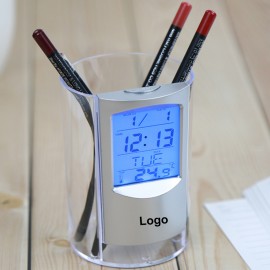 Logo Printed Multi-Function Pen Pencil Holder W/ Clock