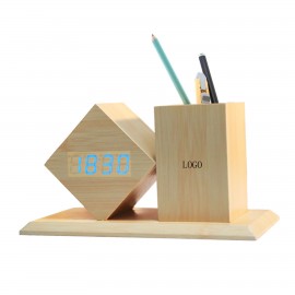 Bamboo Alarm Clock With Pen Holder Logo Printed