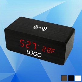 Custom Imprinted Wood Digital Clock w/ Wireless Charger  Custom Imprinted Wood Digital Clock w/ Wireless Charger