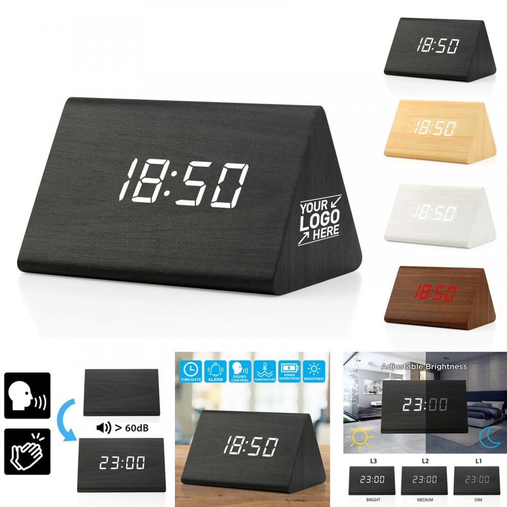 Modern Triangle LED Wooden Alarm Clock Branded