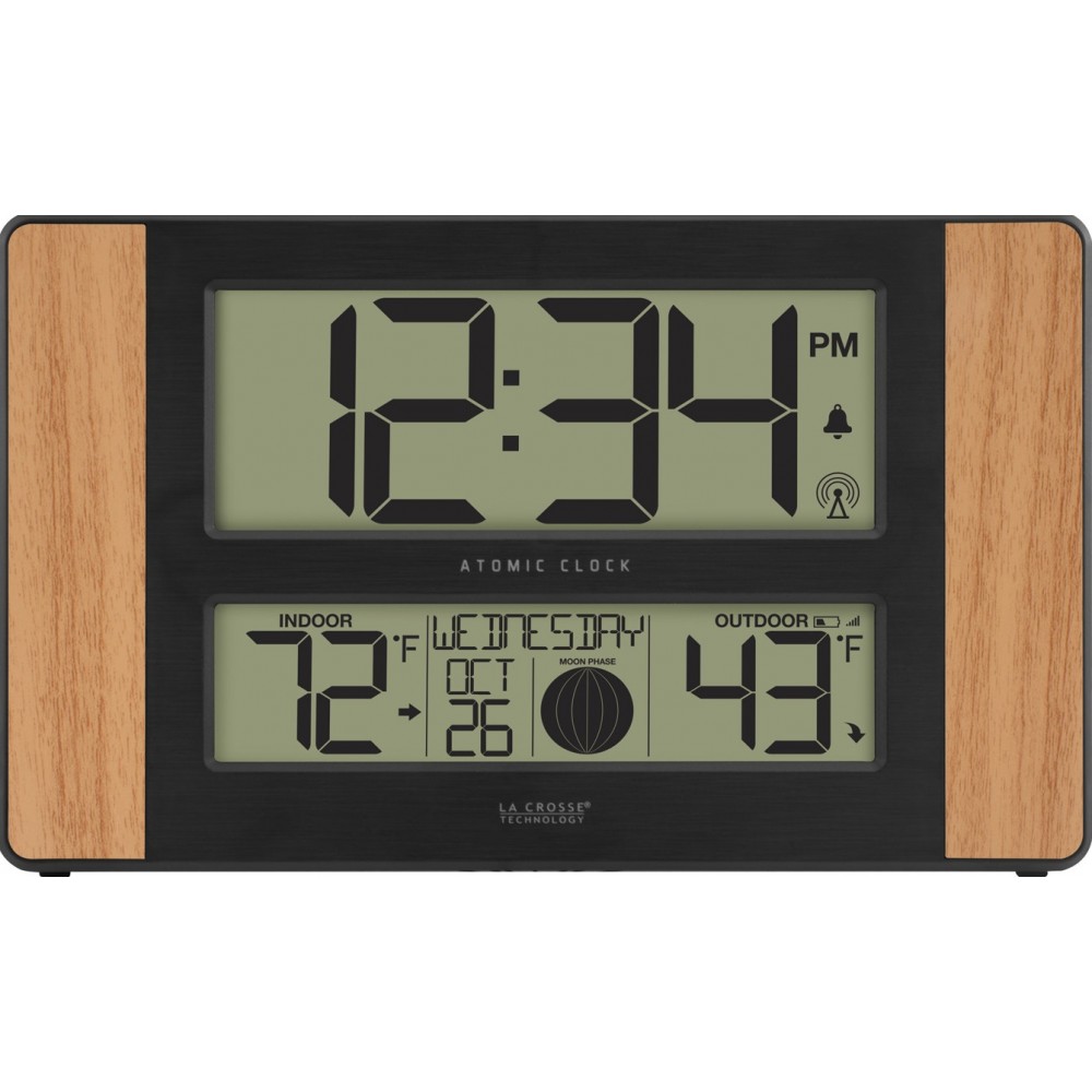Logo Printed La Crosse Technology Atomic Digital Wall Clock w/Temperature & Moon Phases (Wood) Logo Printed La Crosse Technology Atomic Digital Wall Clock w/Temperature & Moon Phases (Wood)