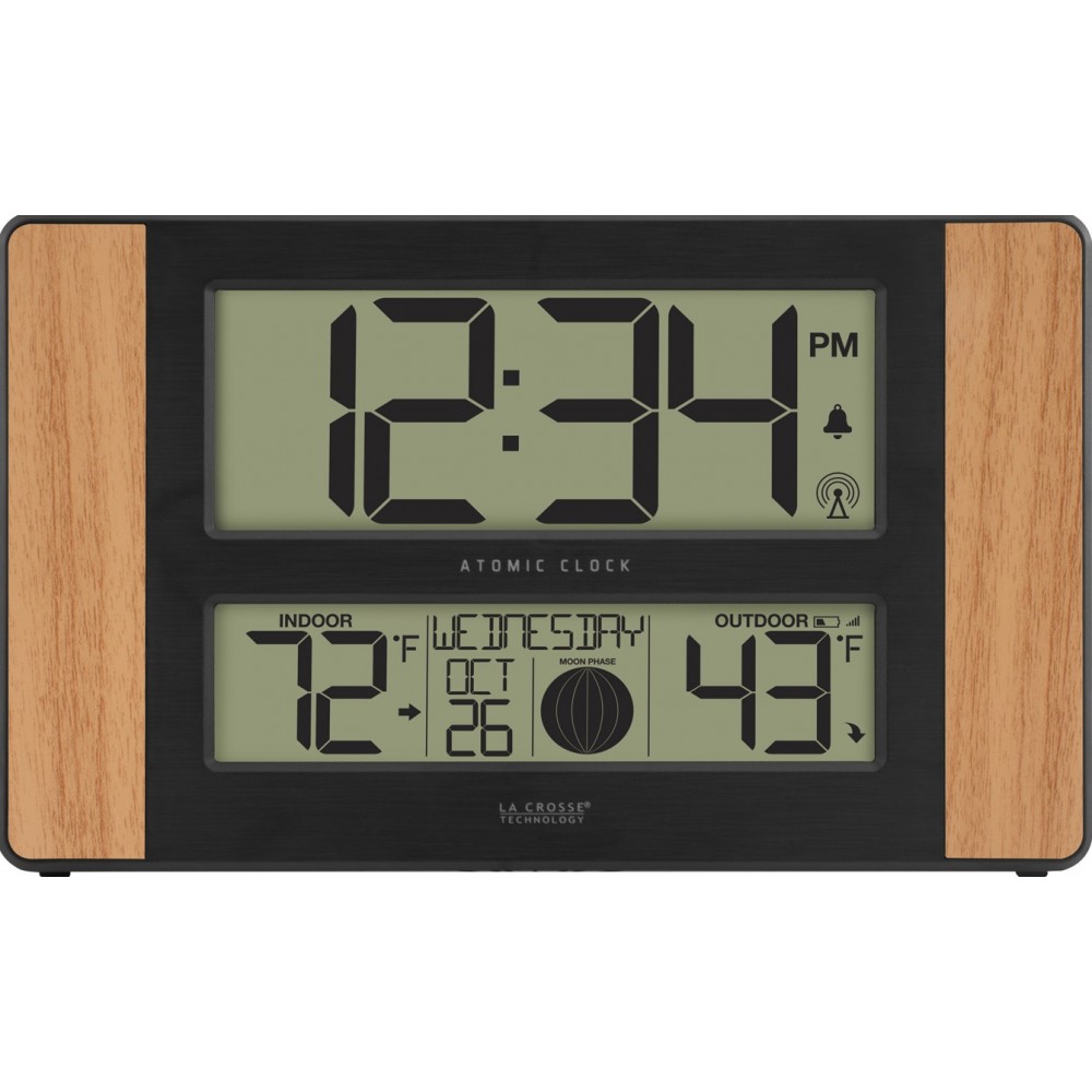 Logo Printed La Crosse Technology Atomic Digital Wall Clock w/Temperature & Moon Phases (Wood)