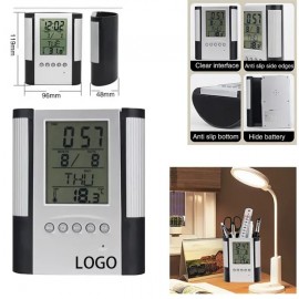 Multi-Function Pen Pencil Holder W/ Clock Logo Printed
